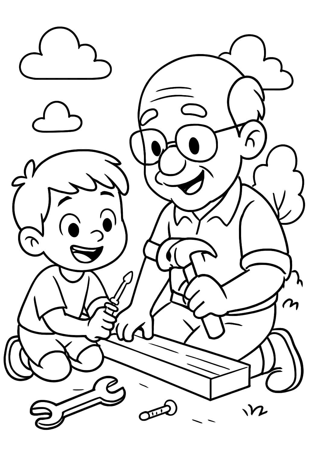 Un abuelo con su nieto, jugando con herramientas.