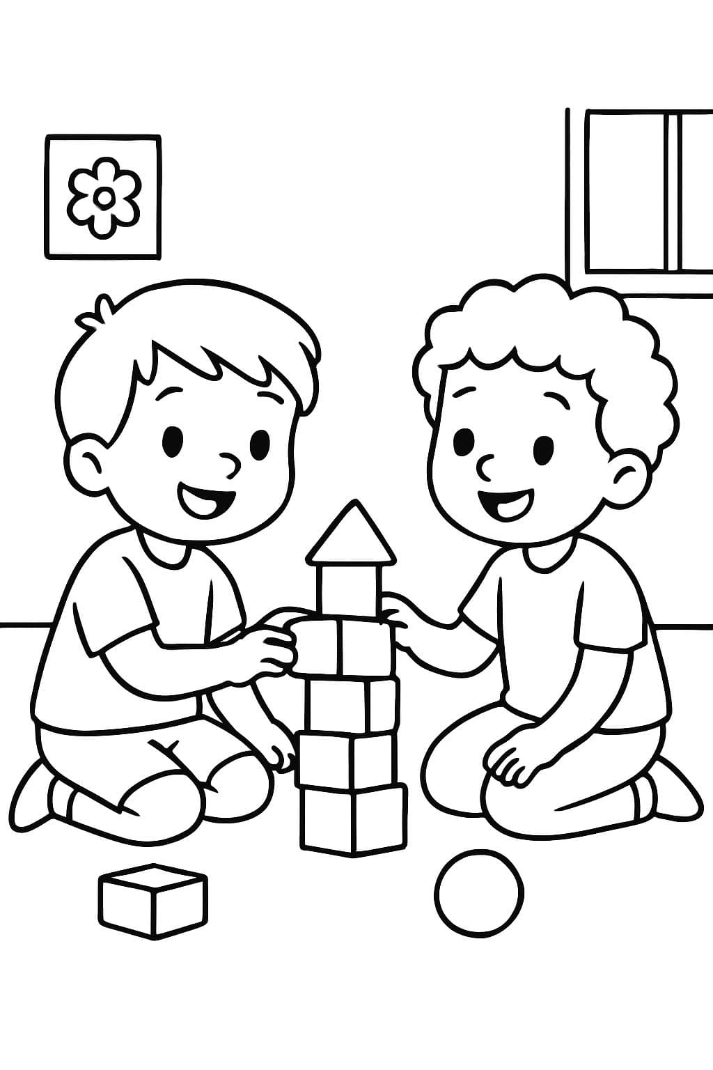Dois meninos construindo uma torre de blocos juntos em uma sala de jogos.