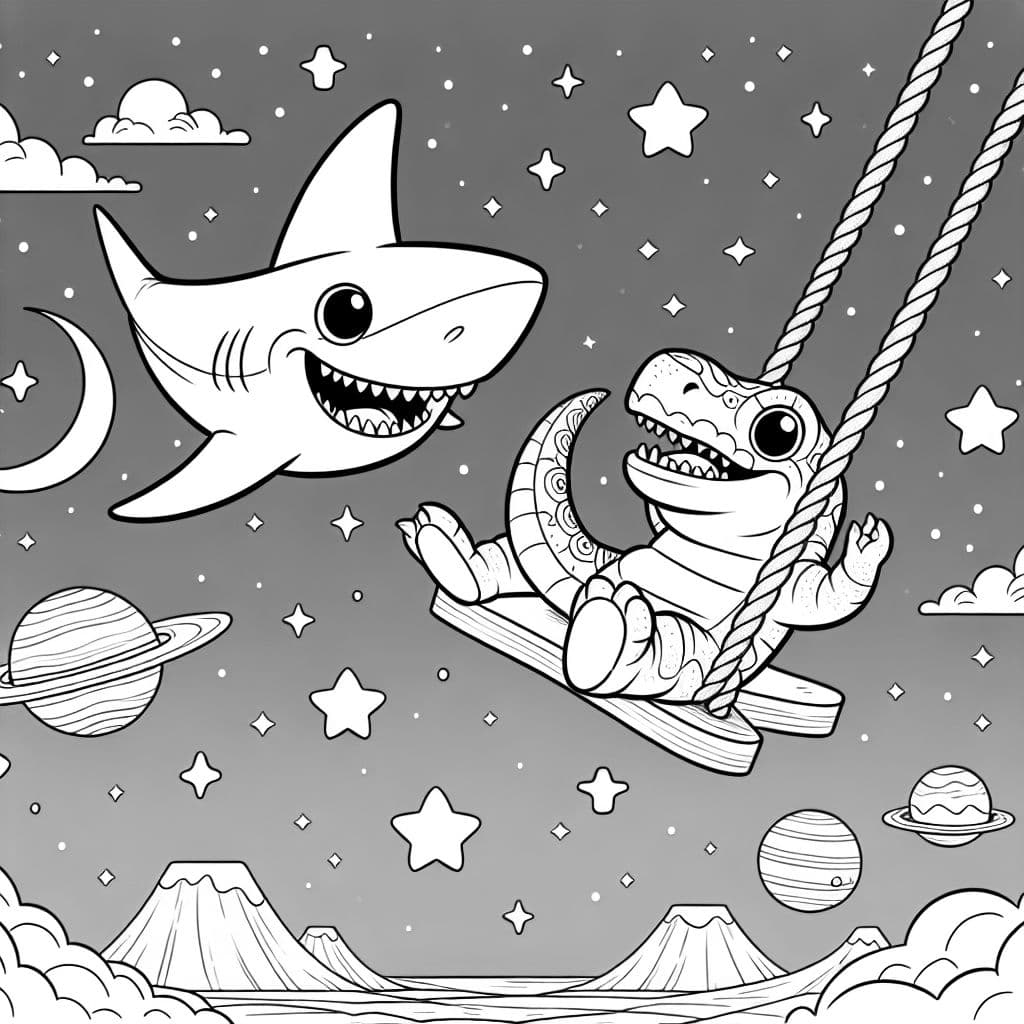 Shark and sarcosuchis on swings in outerspace