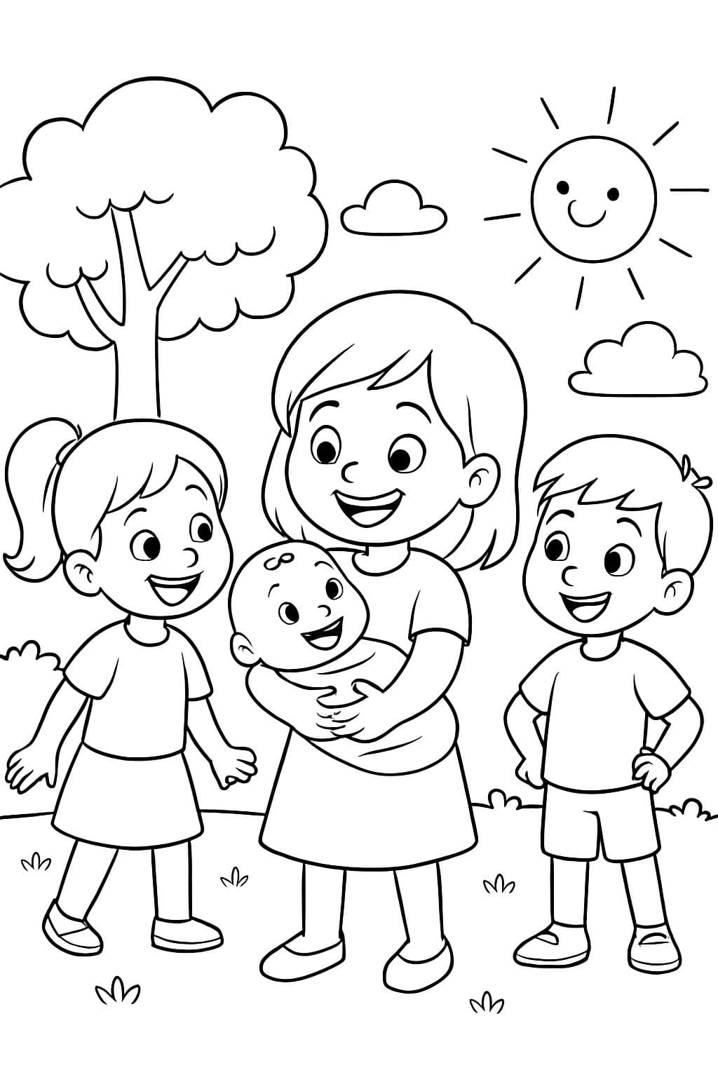A girl is holding a baby in her arms, and another girl and a boy are watching