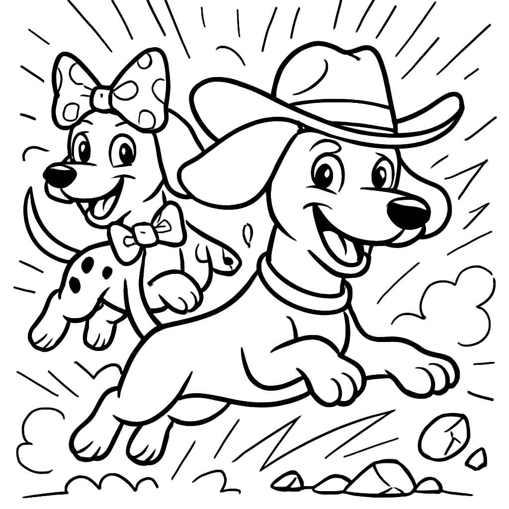 2 Teckels, 1 avec un nœud et des taches et l'autre avec un chapeau de cow-boy.
