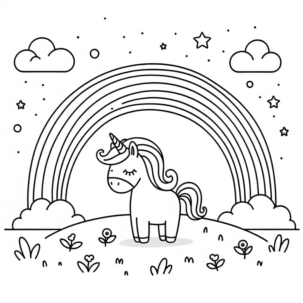 A unicorn under a rainbow on the grass with hills