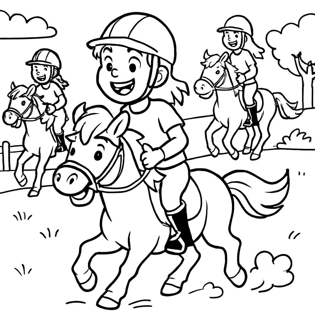 Un groupe de cavalières, portant des casques, sur leurs poneys