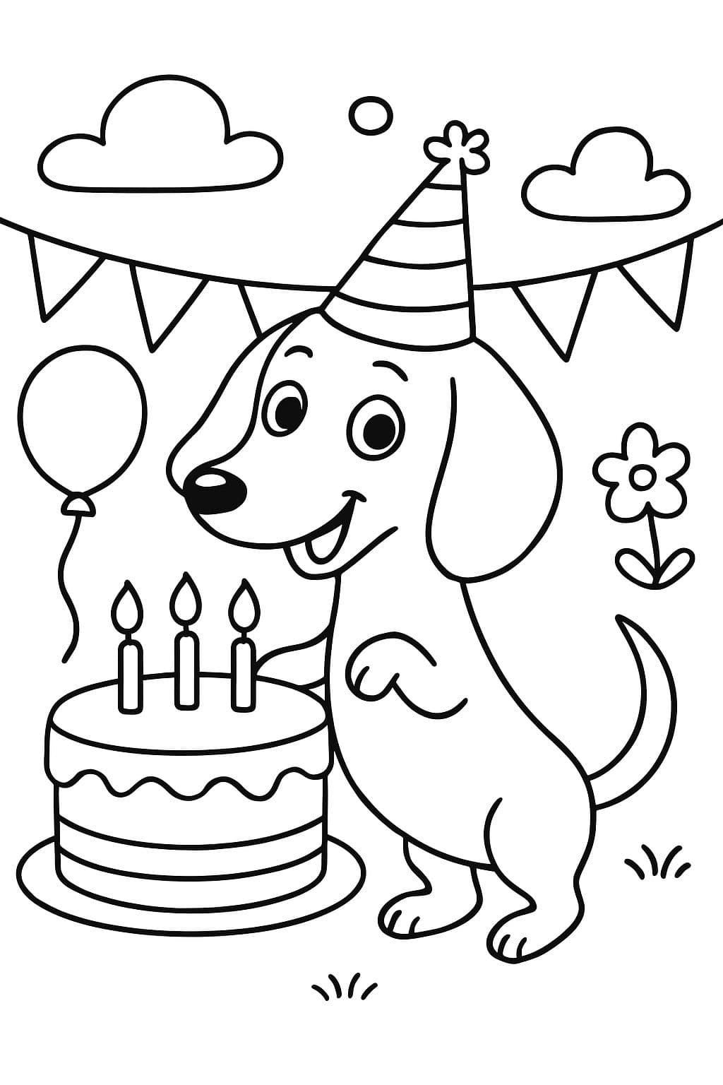 un teckel avec un chapeau de fête et un gâteau d'anniversaire