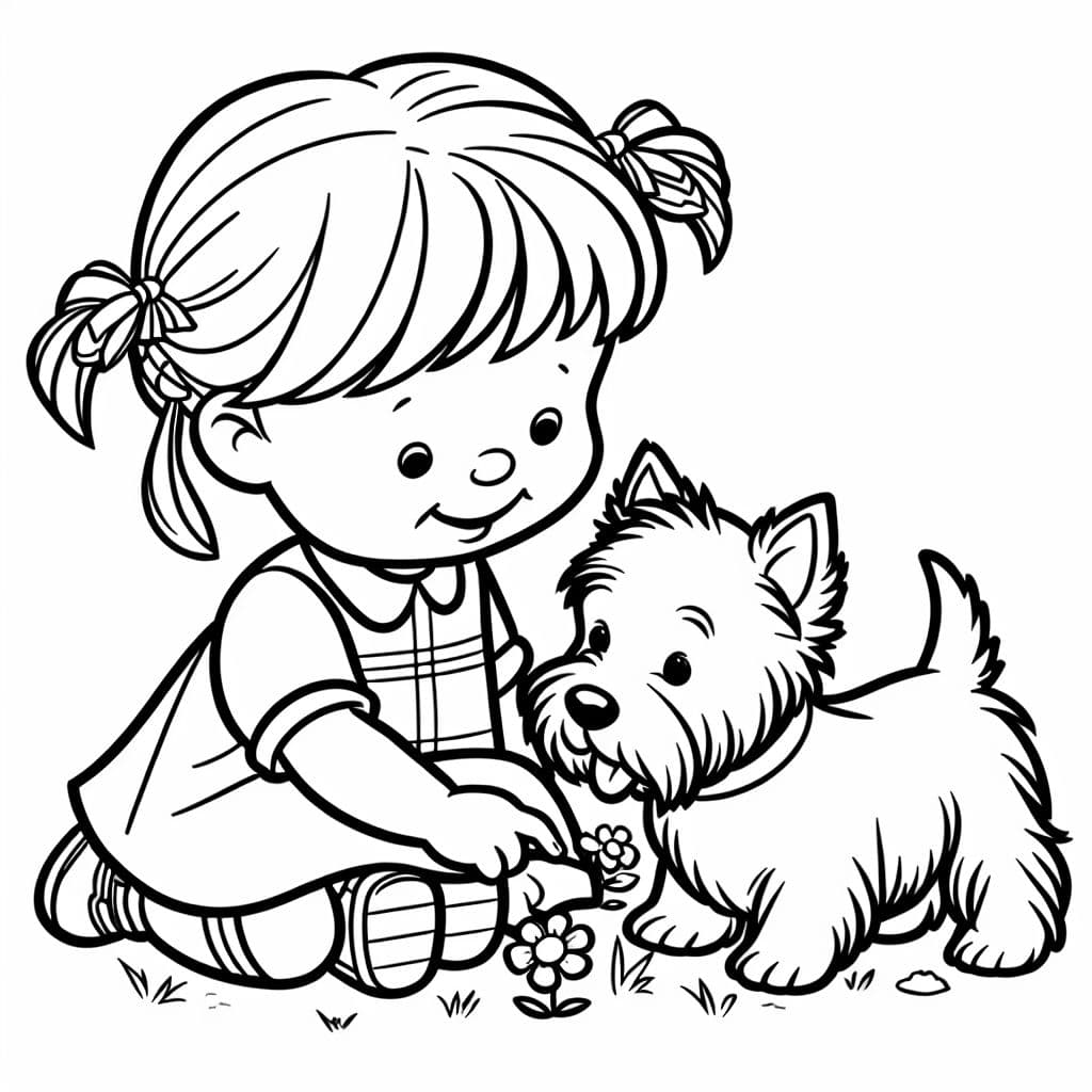 Una niña rubia pequeña con dos coletas jugando con un perro terrier blanco de las Highlands