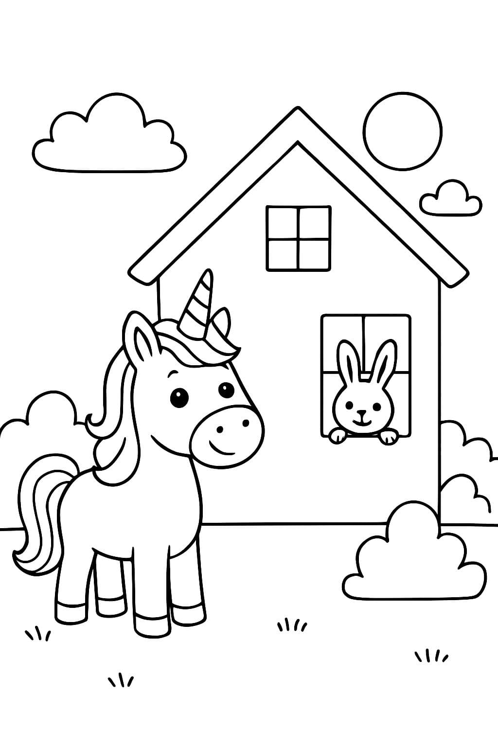 unicorn se tient devant une maison et regarde droit. la maison sans porte et sans cheminée a trois fenêtres - d'une fenêtre regarde un lapin