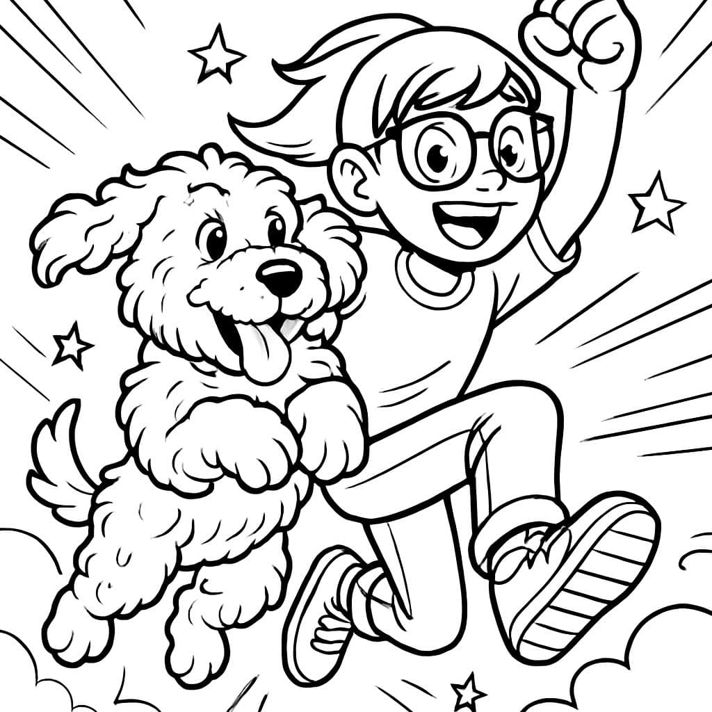 Un chien doodle noir et blanc avec une fille portant des lunettes comme meilleures amies.