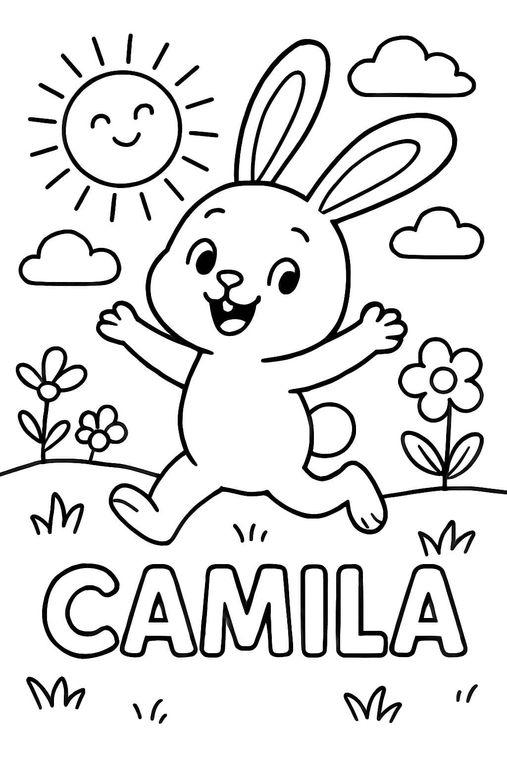 Ein Hase in der Sonne mit dem Namen Camila, der am unteren Rand geschrieben ist.