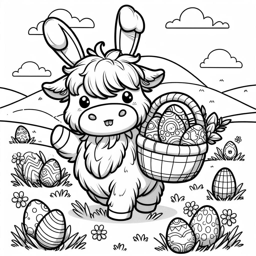 vaca de las Highlands con orejas de conejo de Pascua y una canasta de Pascua llena de huevos de Pascua.