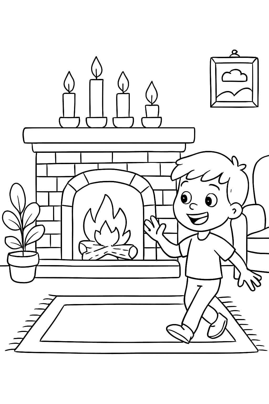 im wohnzimmer steht ein kamin. davor liegt ein teppich. vor dem kamin stehen 4 kerzen.