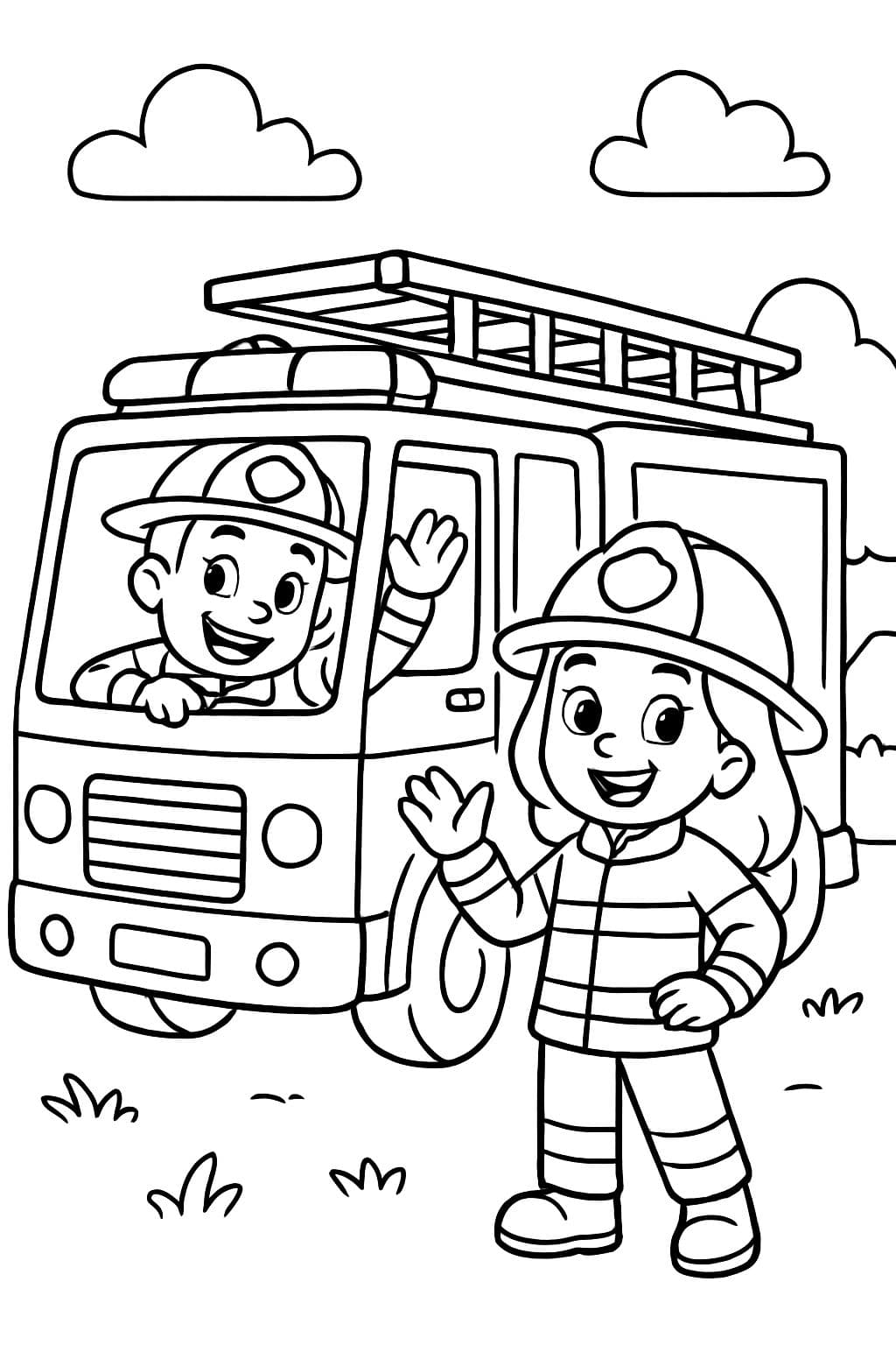 CAMIÓN DE BOMBEROS CON UN BOMBERO Y UNA BOMBERA