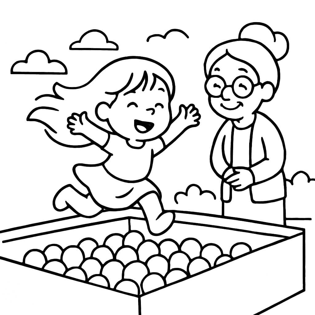 little girl with long hair jumping happily into a ball pit while her smiling grandma stands by the edge