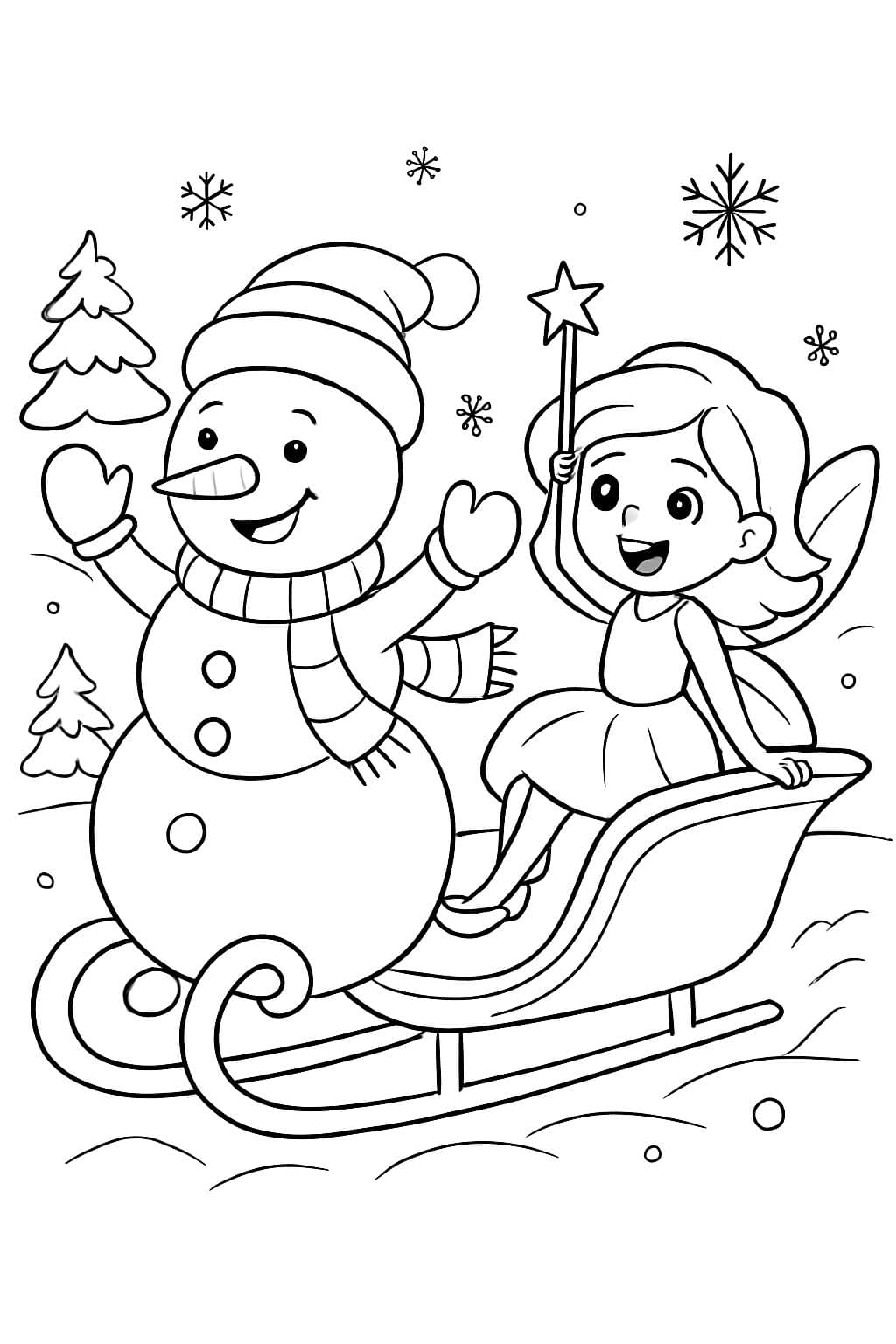 Um boneco de neve e uma fada da neve montando um trenó. A fada está segurando uma varinha de neve.