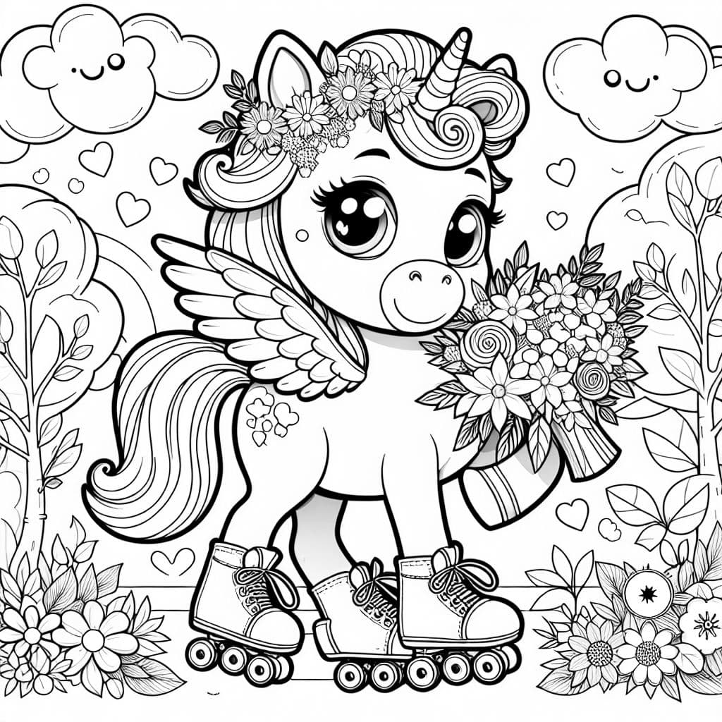 bébé licorne avec des ailes dans un bouquet avec des patins à roulettes