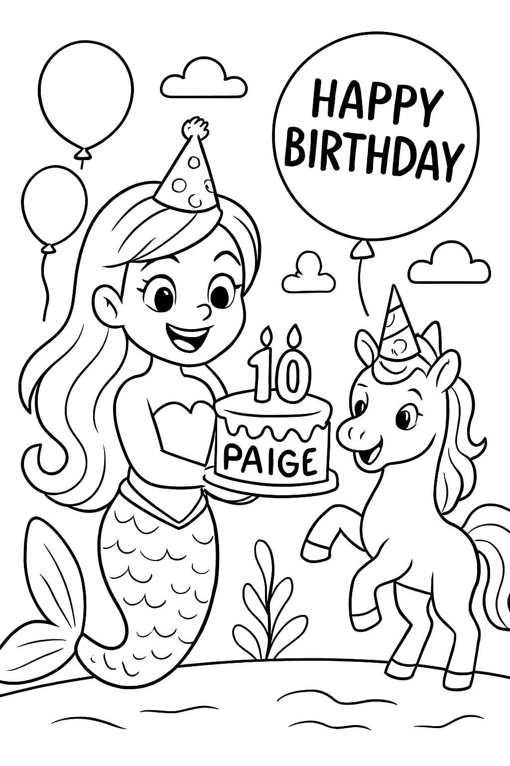 Meerjungfrau mit einem Geburtstagskuchen, auf dem die Zahl 10 und der Name Paige stehen. Geburtstagsparty mit der Meerjungfrau und einem Einhorn, die Partyhüte tragen und mit Luftballons, auf denen 'Alles Gute zum Geburtstag' steht.
