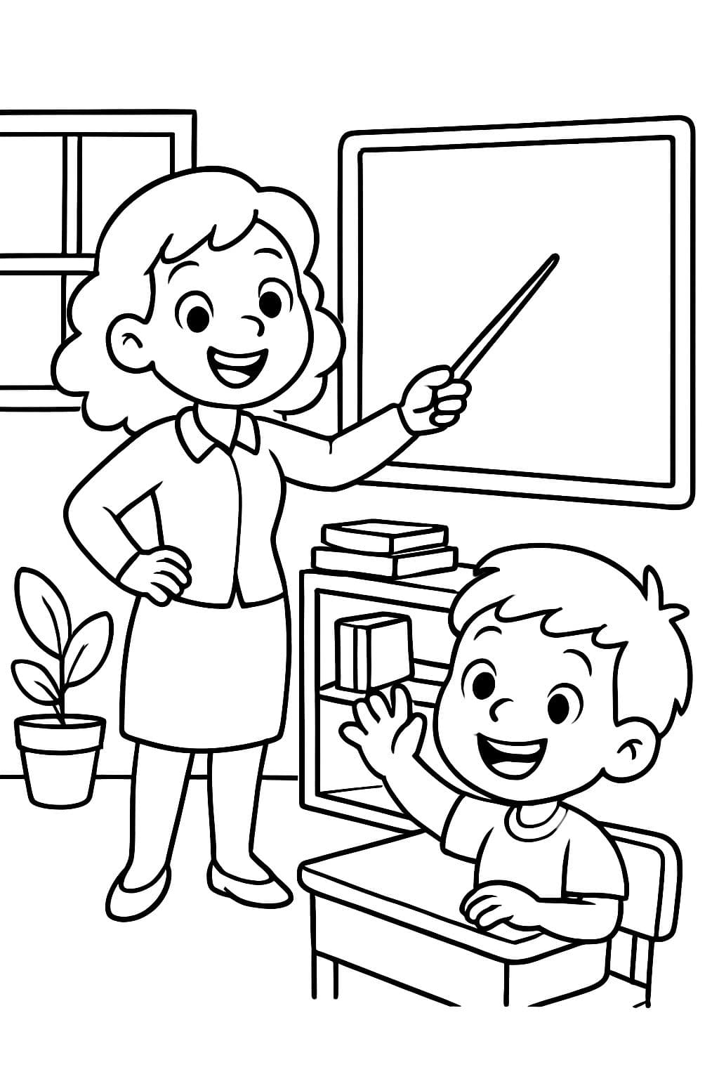 Eine Lehrerin, die unterrichtet und auf die Tafel zeigt.