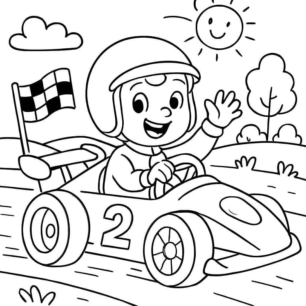 Une voiture de course avec le numéro 2 et un petit garçon conducteur