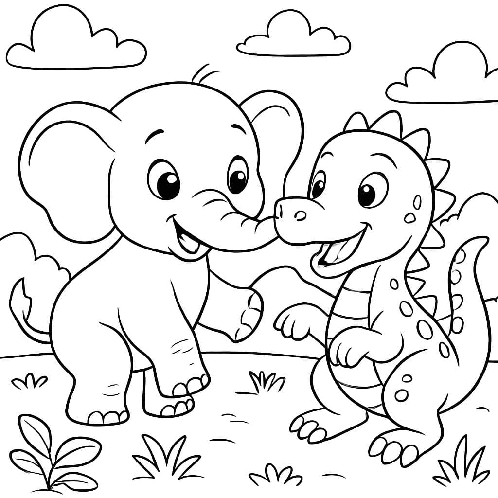 Bebé elefante siendo amigos con bebé Spinosaurus