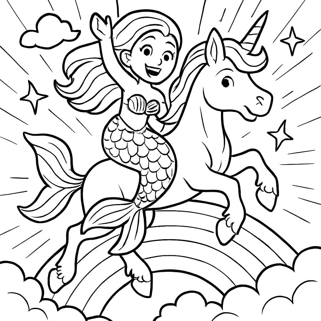 Meerjungfrau reitet auf einem einhorn über einen regenbogen