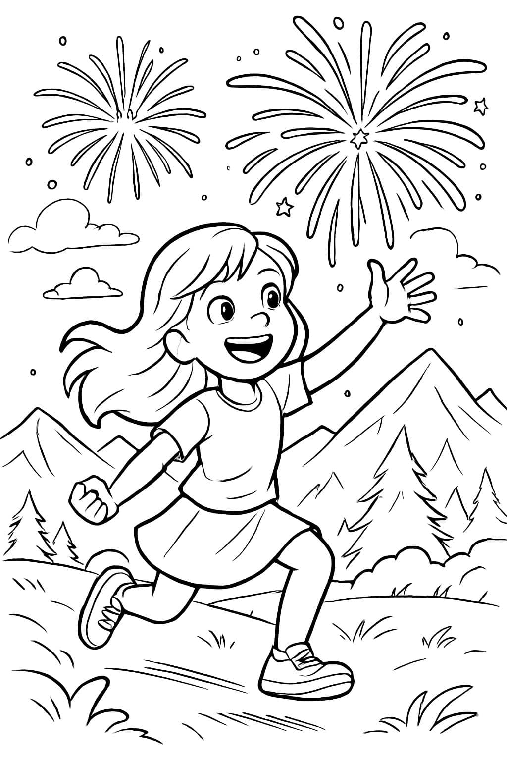 niña pequeña con fuegos artificiales y montañas