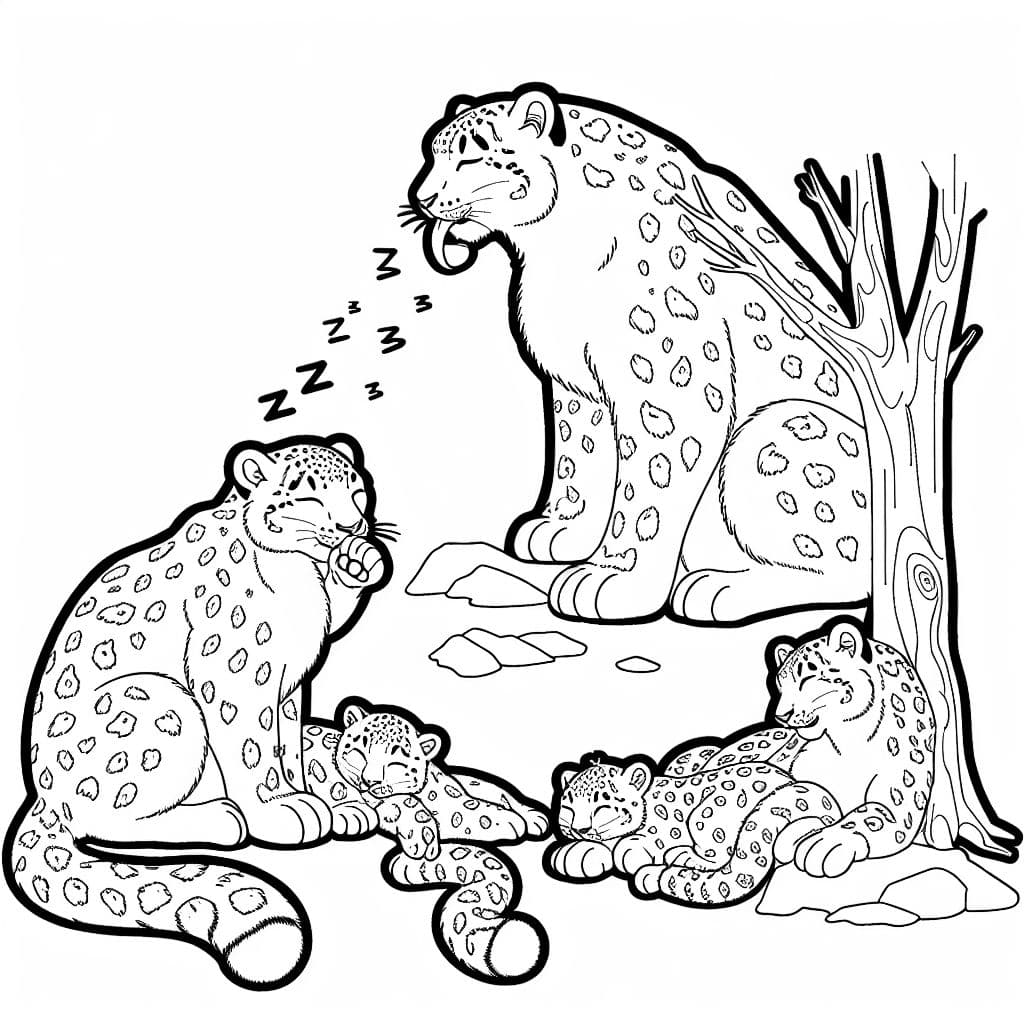 Famille de léopards des neiges. 4 léopards au total. Papa lèche sa patte. Bébé dort. Grande fille repose tranquillement sur le sol. Maman gratte un arbre.