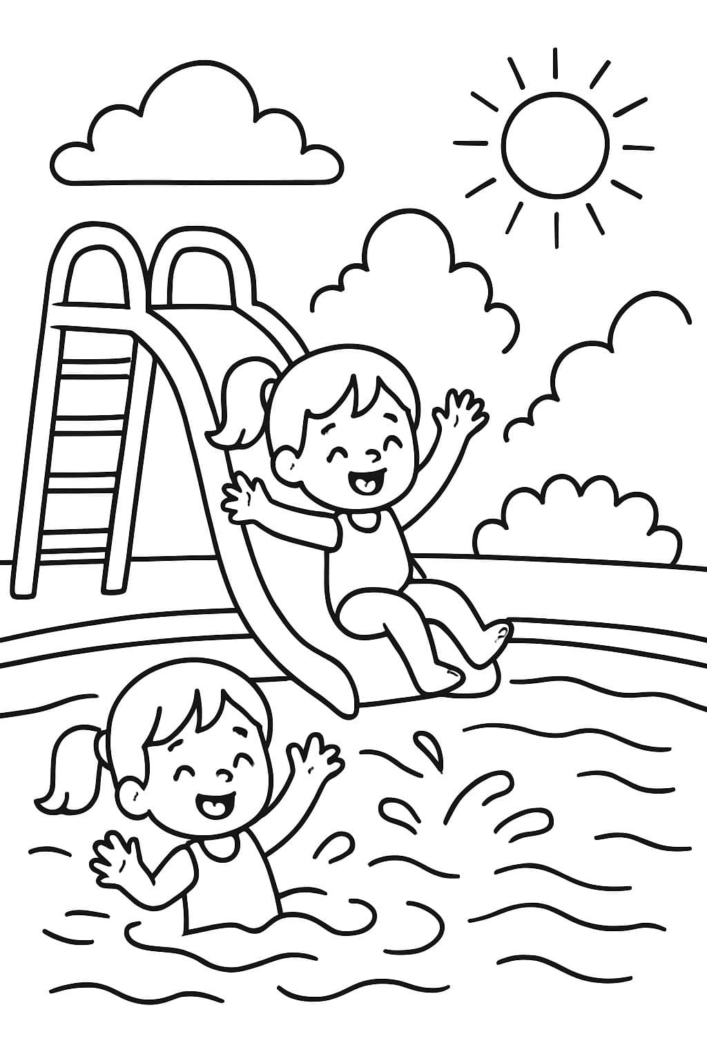 zwei Mädchen im Swimmingpool mit einer Wasserrutsche