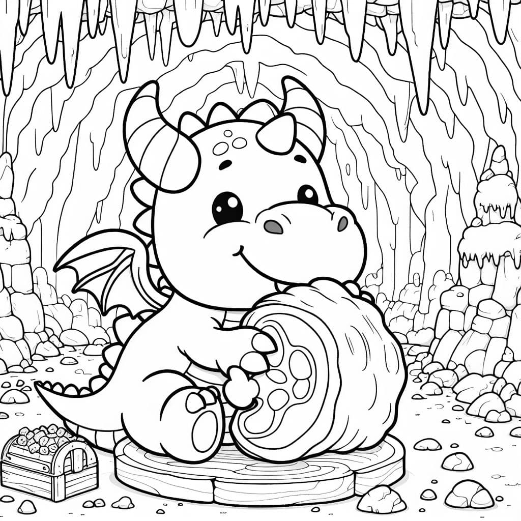 Einen Drachen in seiner Höhle der eine Fleischkeule frisst