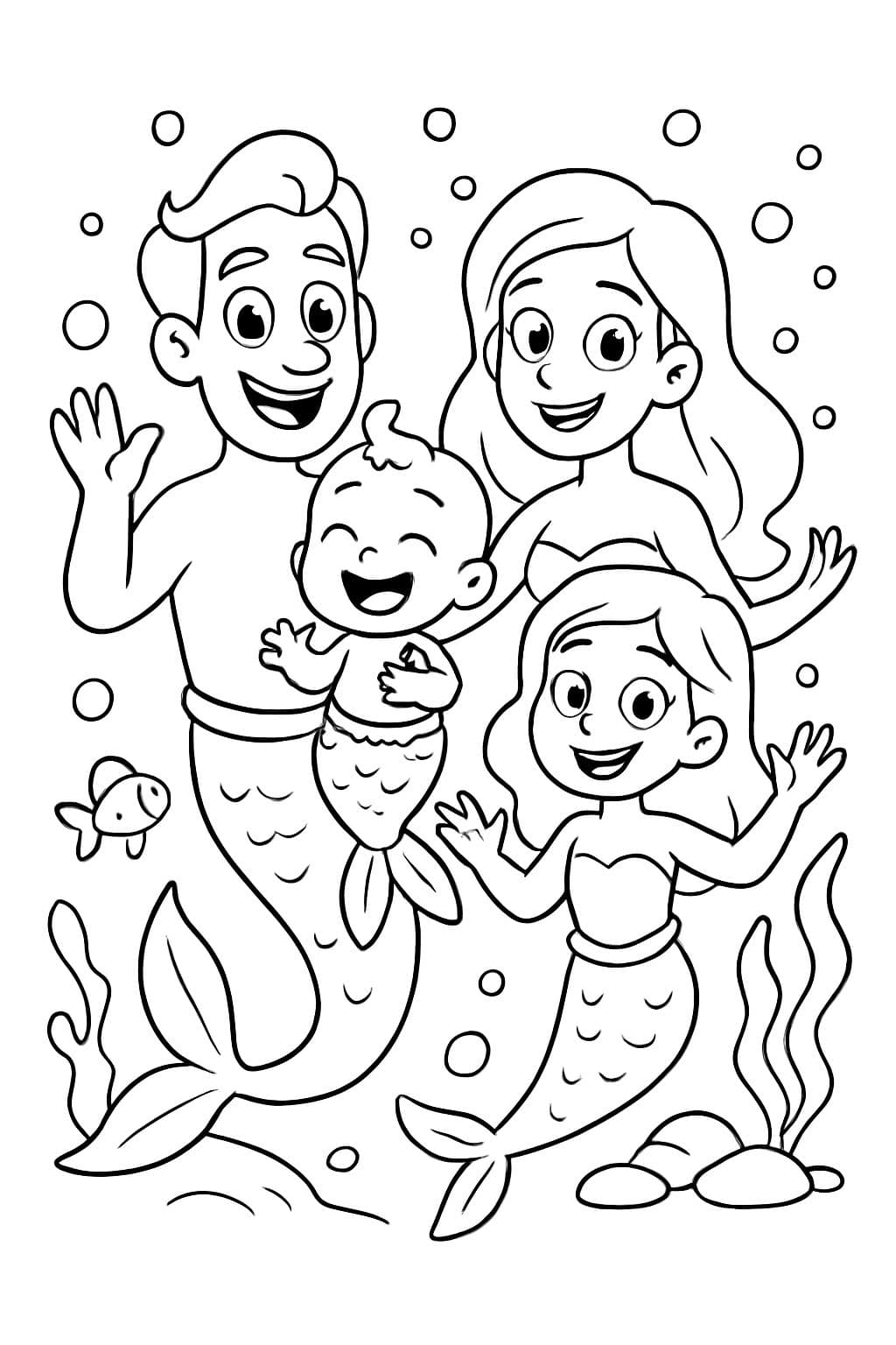 familia de sirenas con papá, mamá, bebé y hermana mayor
