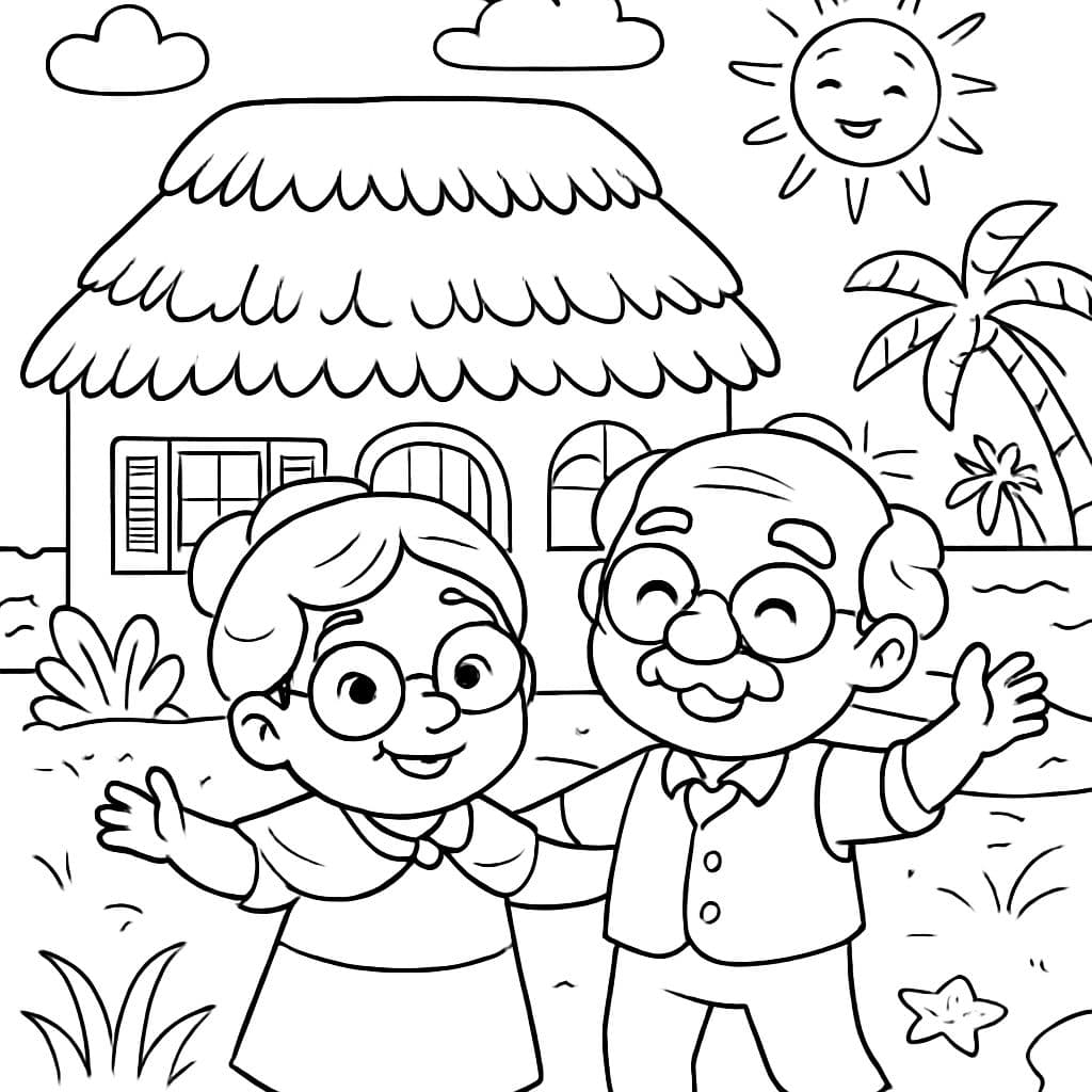 La maison de grand-mère et grand-père sur la plage avec un toit de chaume et des volets