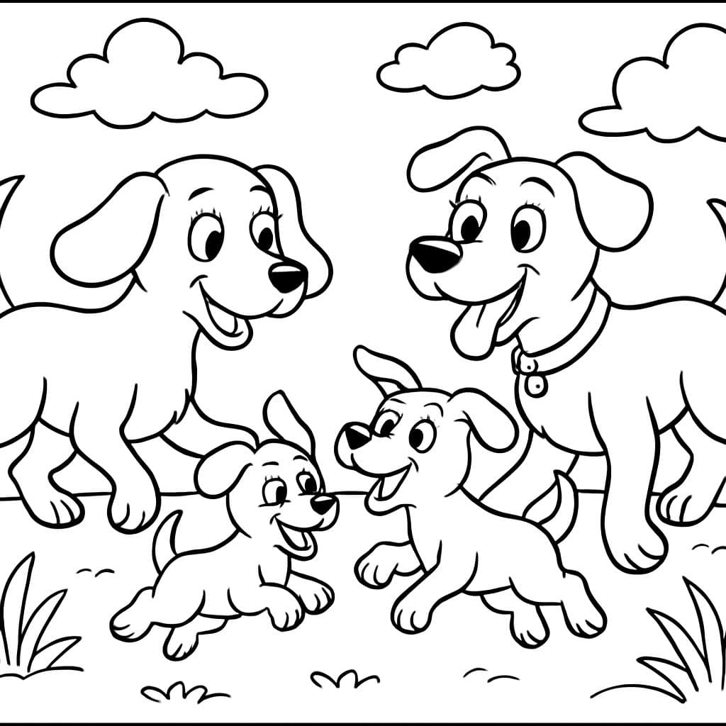 Una mamá perro, un papá perro y dos cachorros