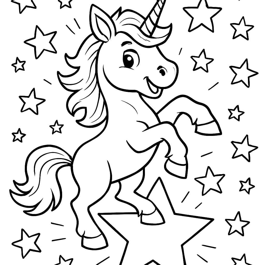 Une licorne debout sur une étoile. Autour d'elle, il y a beaucoup d'étoiles