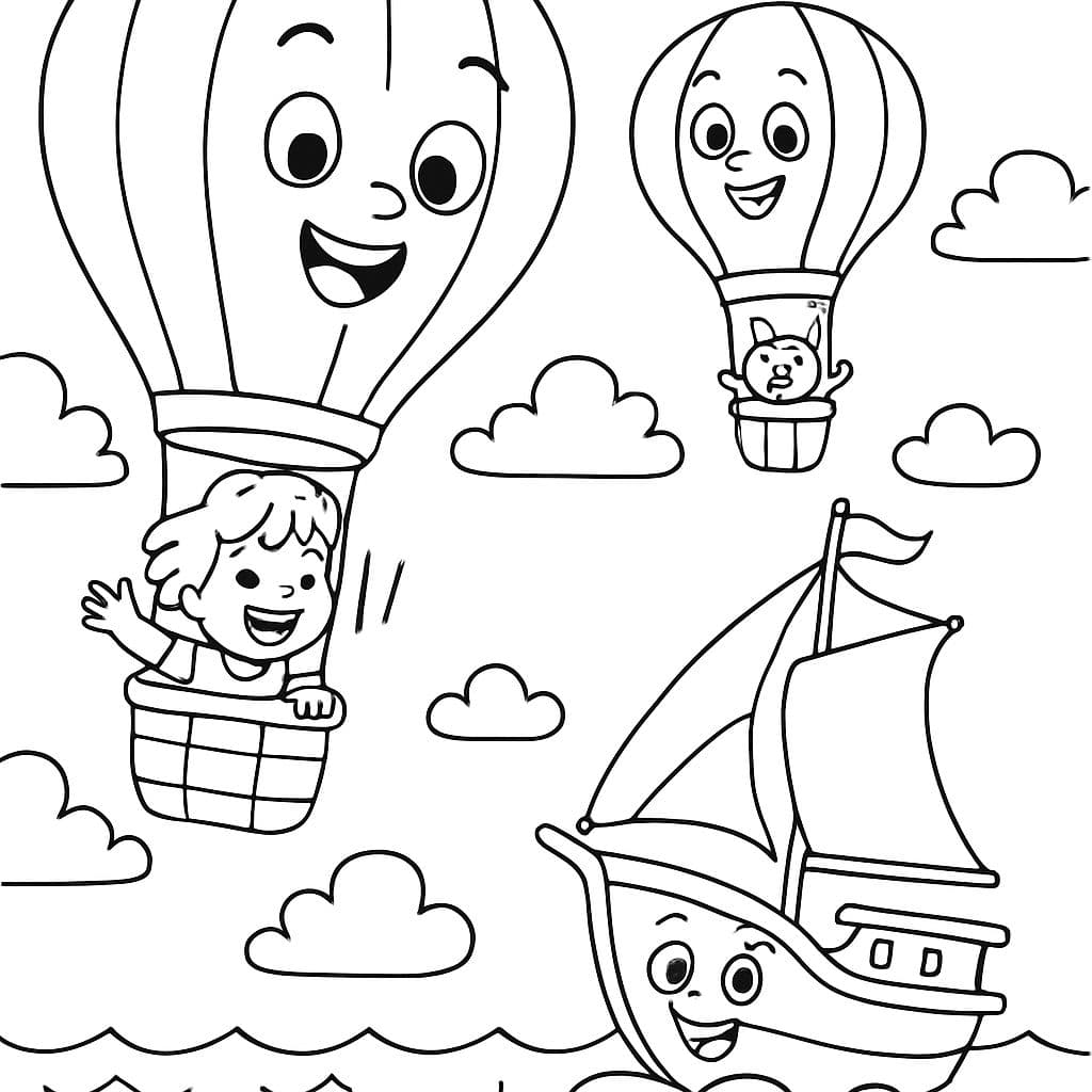 Montgolfières avec des nuages au-dessus de la mer avec un bateau