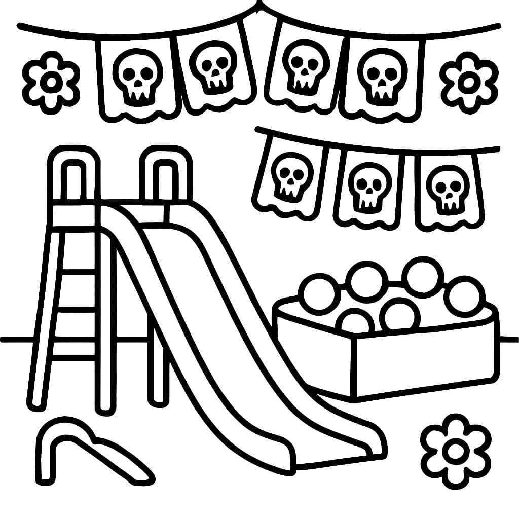 un parque de diversiones interior decorado para el Día de los Muertos