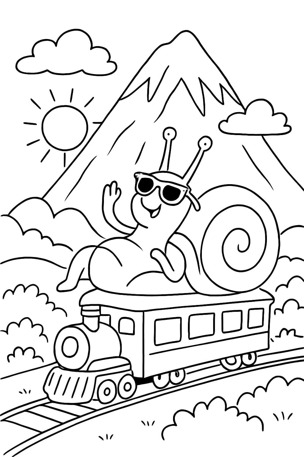 a huge snail sunbathing on a train going into a tunnel under a huge mountain