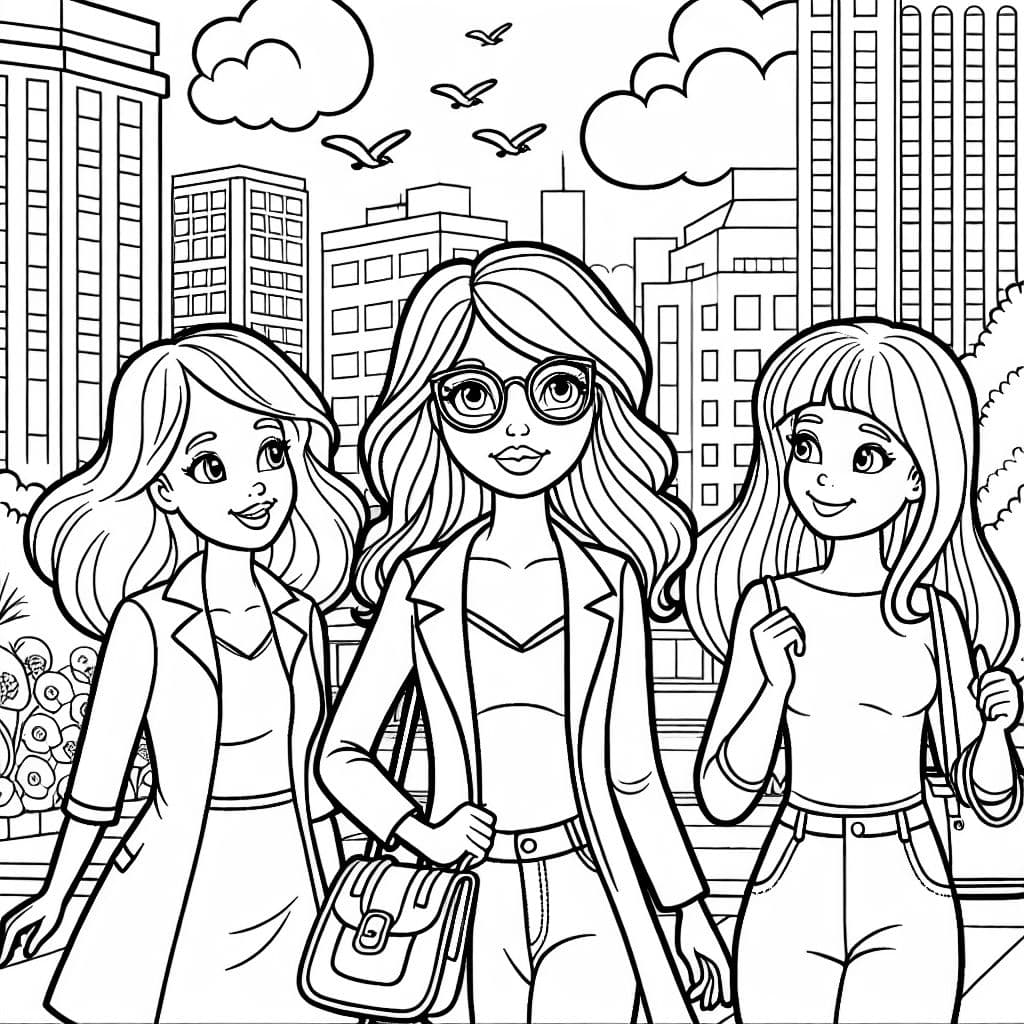 3 mujeres caminan por la ciudad y conversan, 2 con cabello largo y marrón, una con cabello rubio a la altura de los hombros y grandes gafas.