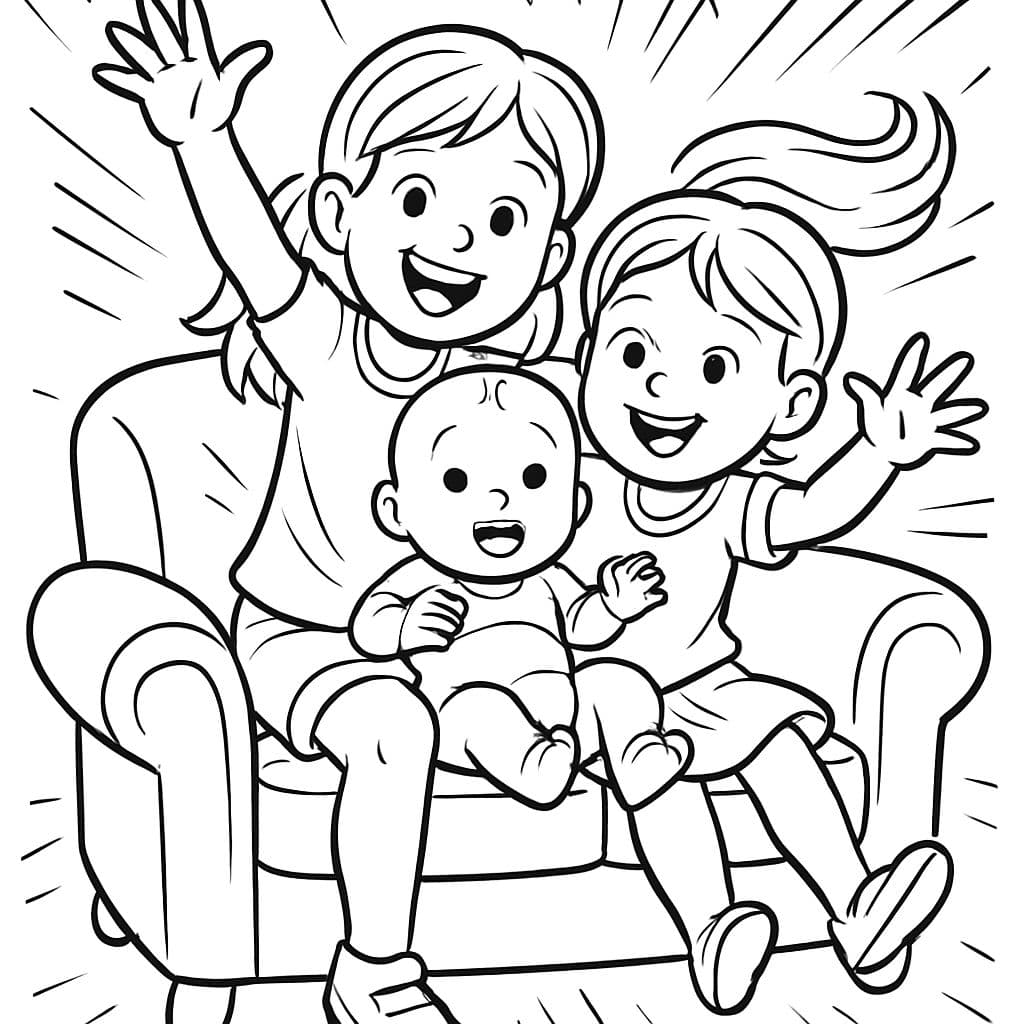 deux filles blondes âgées de 6 et 4 ans avec un bébé sur un canapé.