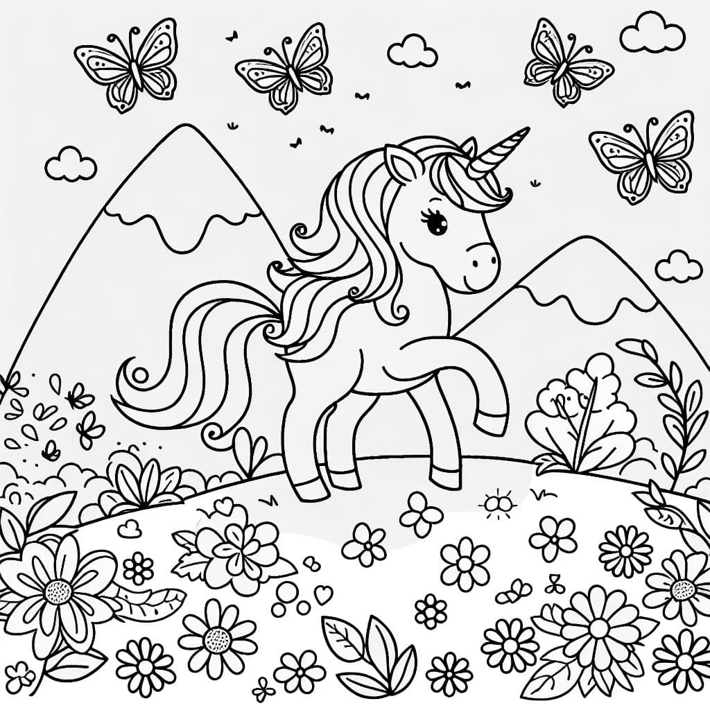 ein Einhorn auf einem Berg mit Blumen und Schmetterlingen