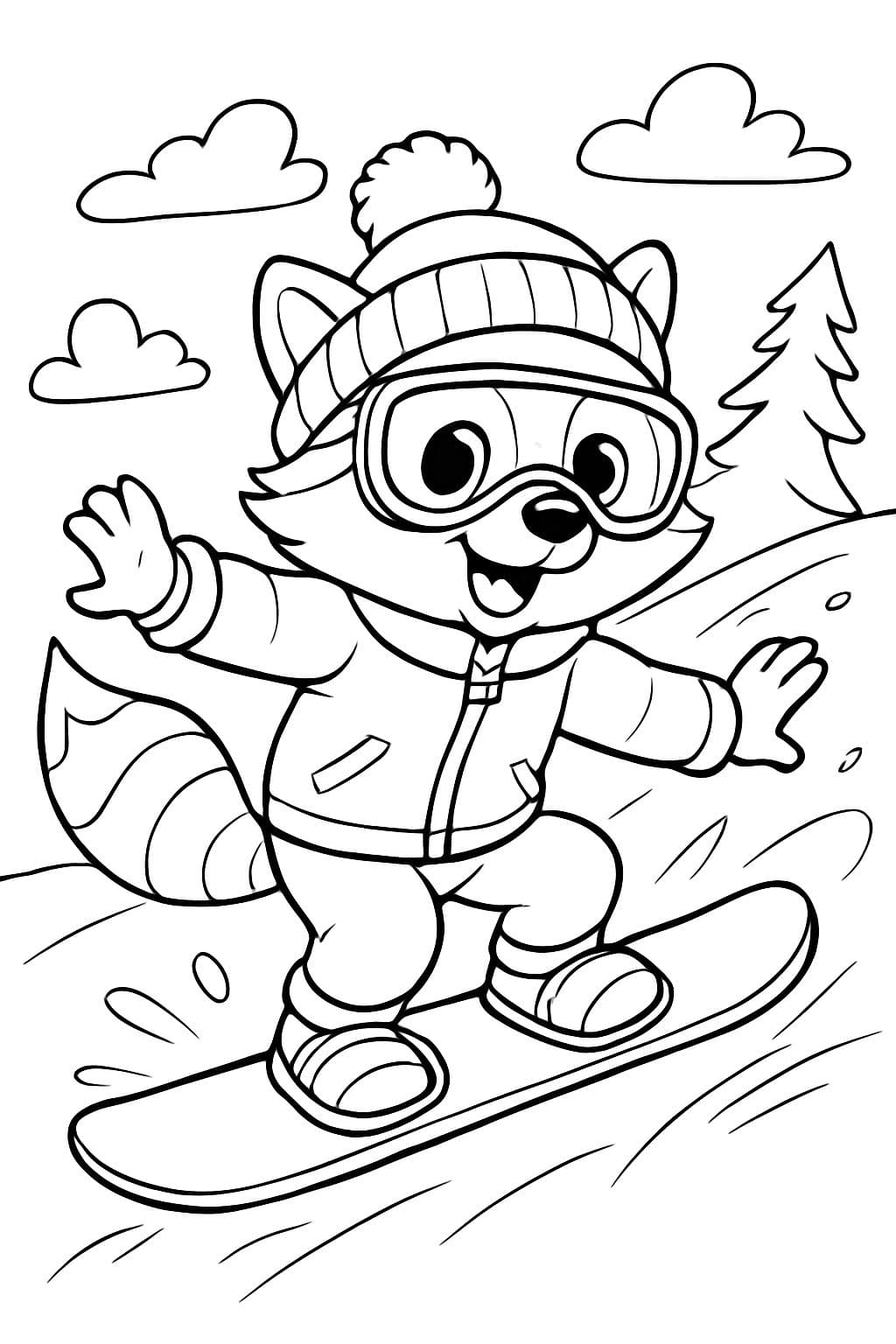 Waschbären Fahrt mit Skibrille und Bommelmütze Snowboard