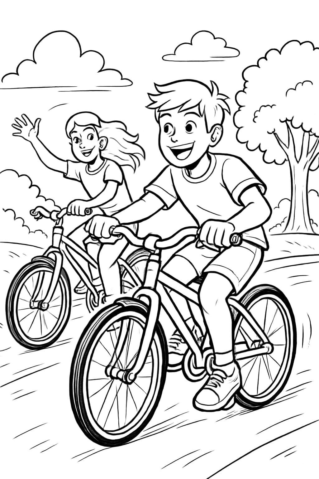 Dos adolescentes se divierten montando en bicicleta.