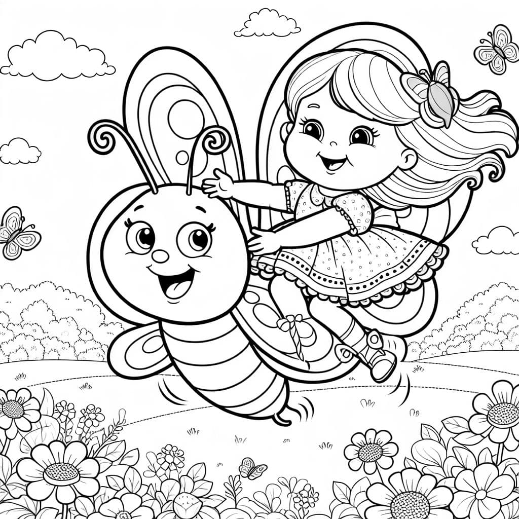 Bridget riding a butterfly over a flowery field