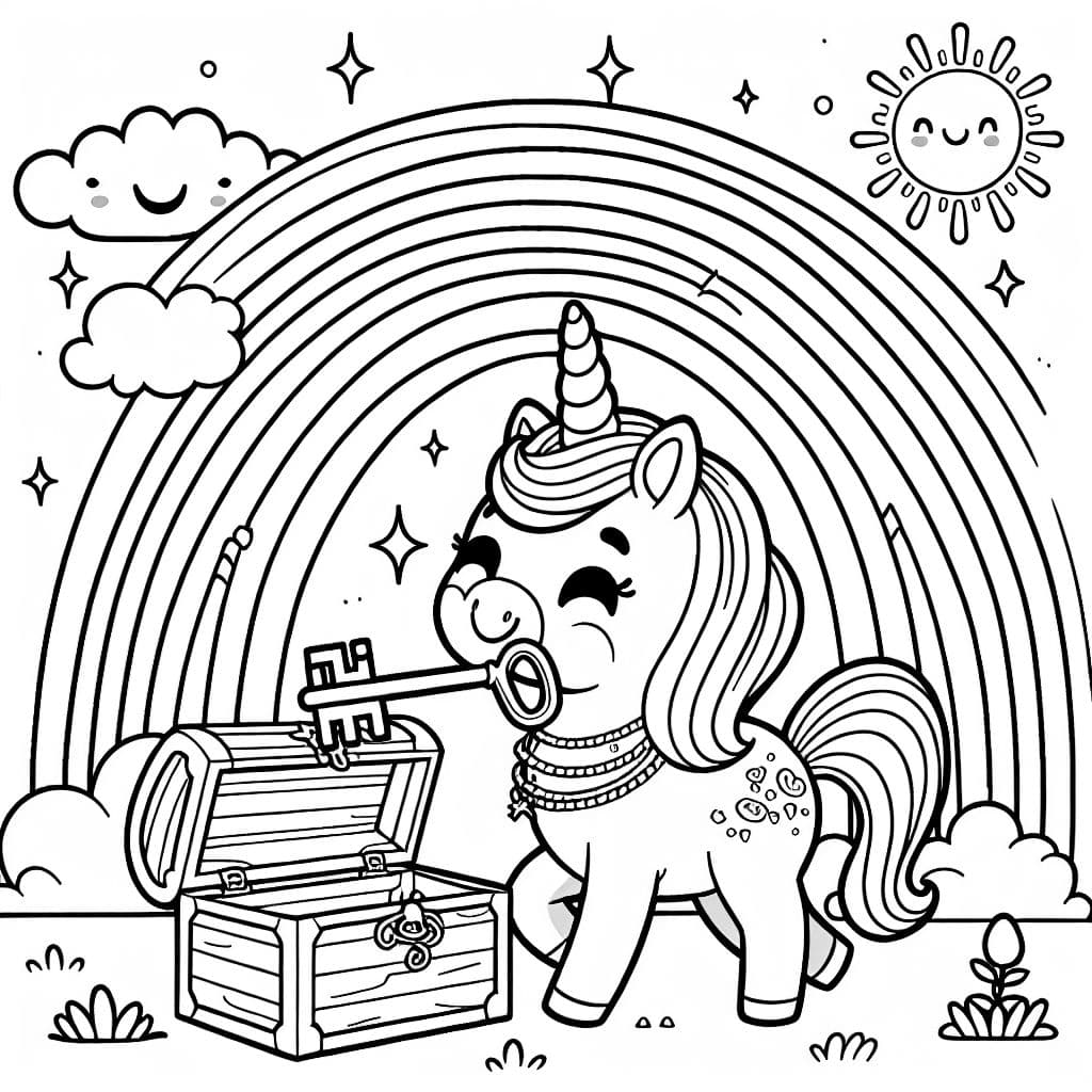 Einhorn auf einem Regenbogen mit Schlüssel und Schatzkiste