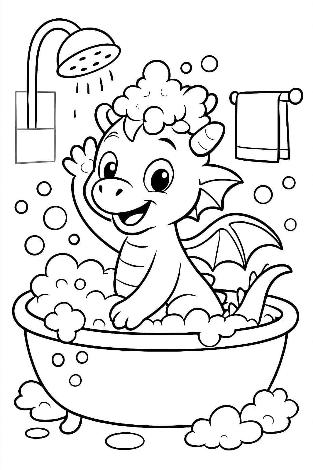 Un dragón bebé en una bañera, lavándose la cabeza con jabón.