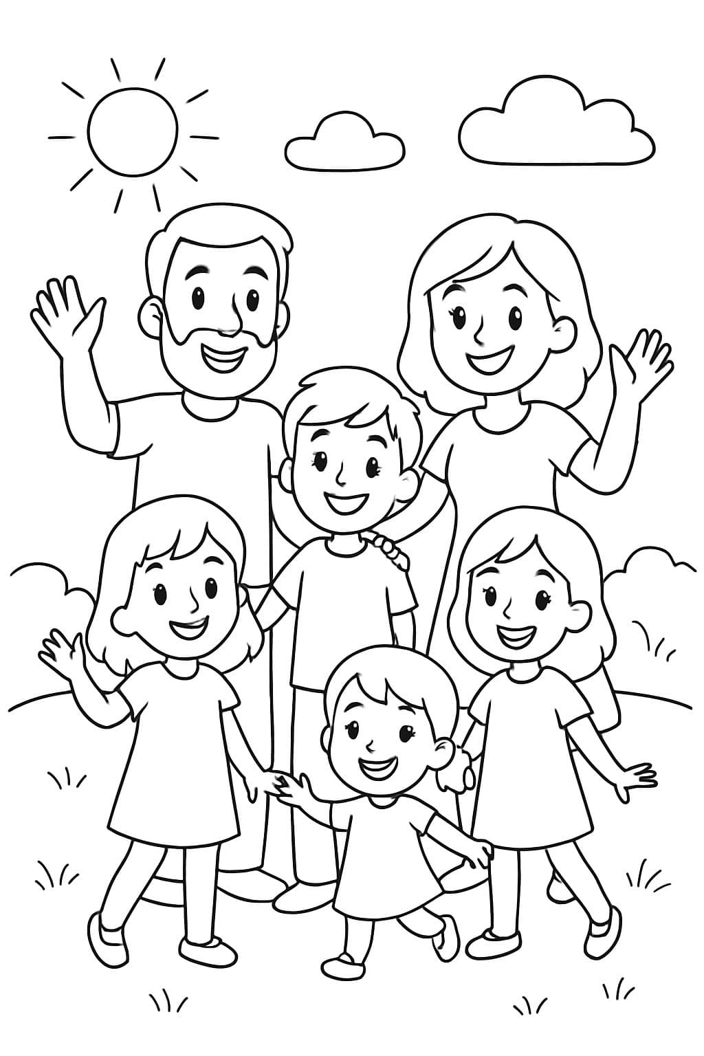 papa avec barbe, maman, garçon de 11 ans, fille de 8 ans, fille de 6 ans, fille de 4 ans, fille de 1 an