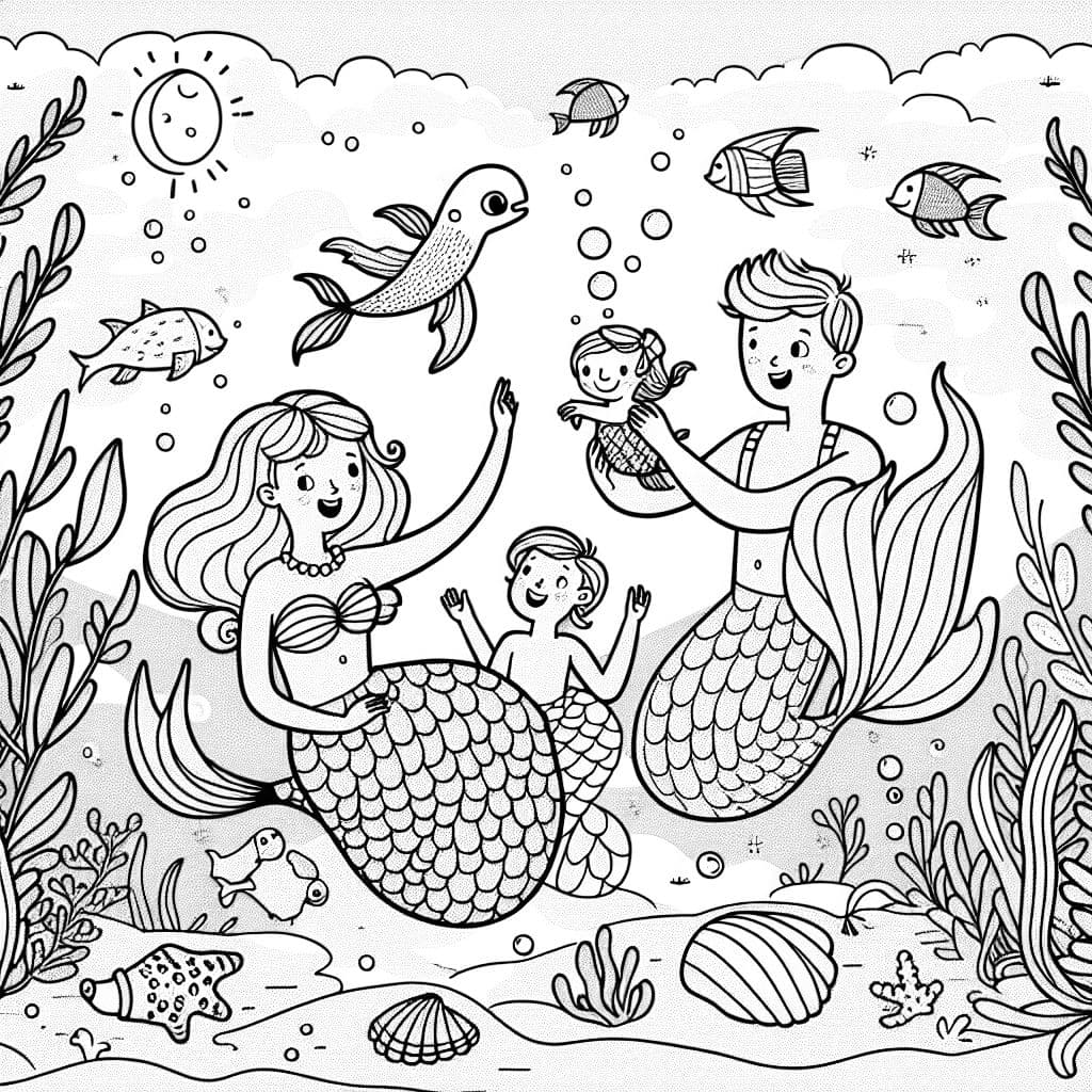 Une sirène, un triton, un bébé de mer et une sirène plus âgée