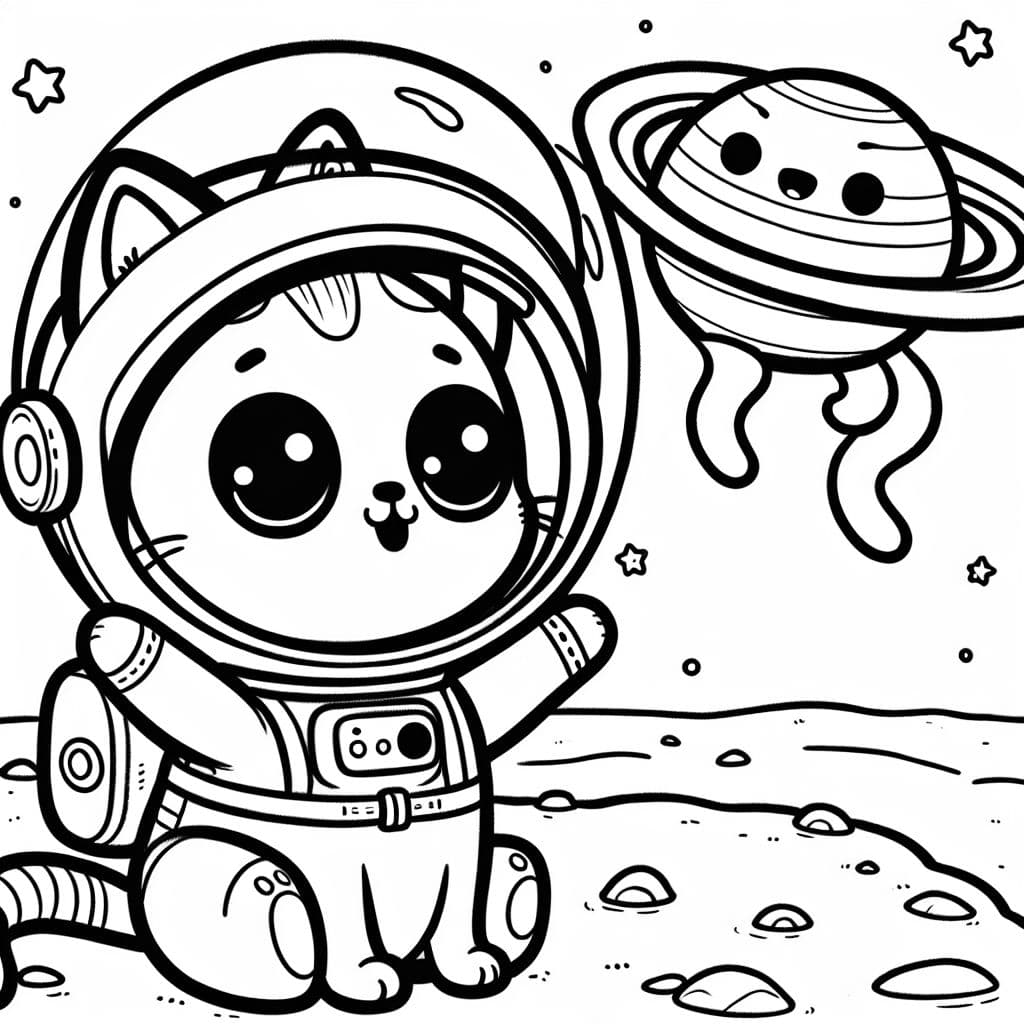 Un gato astronauta viendo Saturno por primera vez.