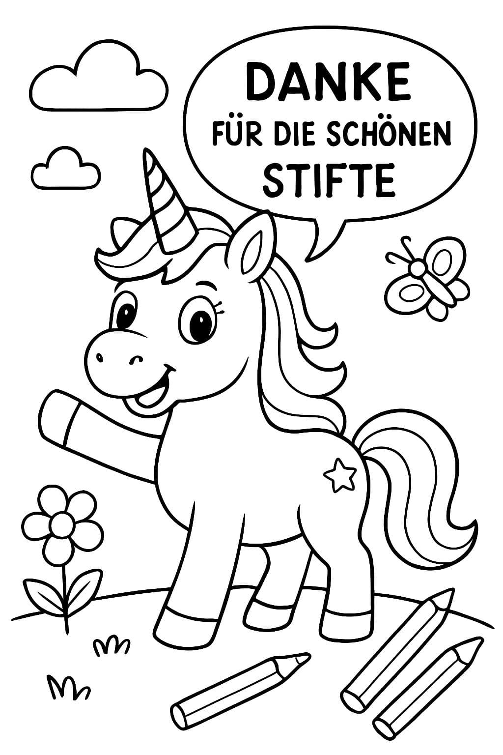 Un unicornio que dice: gracias por los hermosos bolígrafos