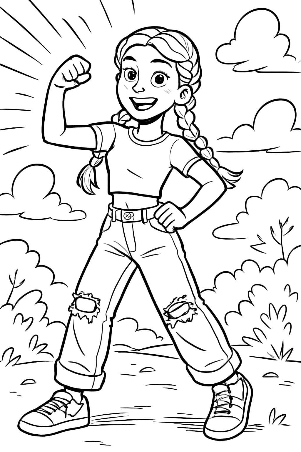um adolescente fofo esboçado com jeans largos rasgados, duas tranças francesas e uma camiseta cropped justa