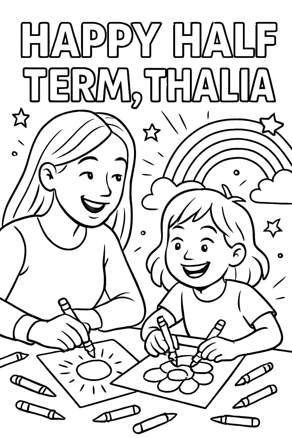 maman et fille coloriant avec "Joyeuses vacances, Thalia" en haut.