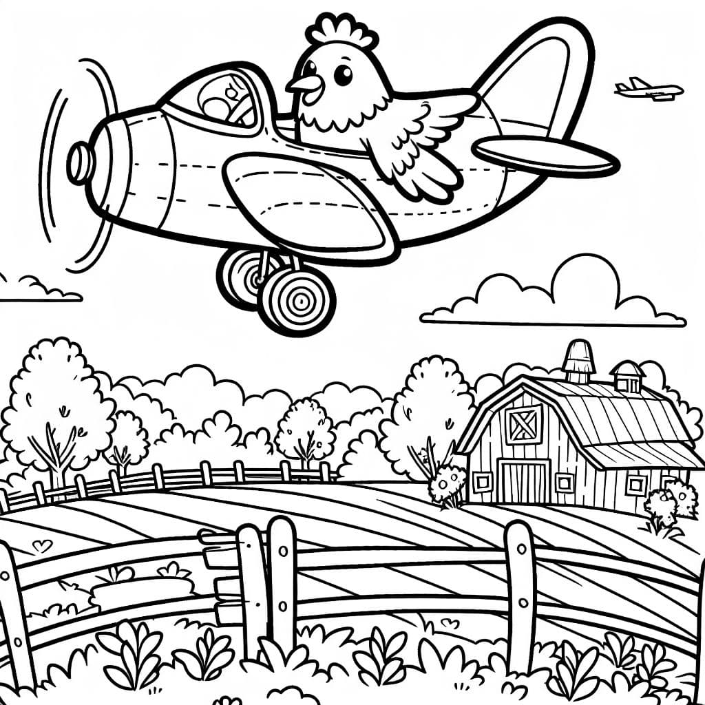 Ein Huhn in einem Flugzeug fliegt über einem Bauernhof