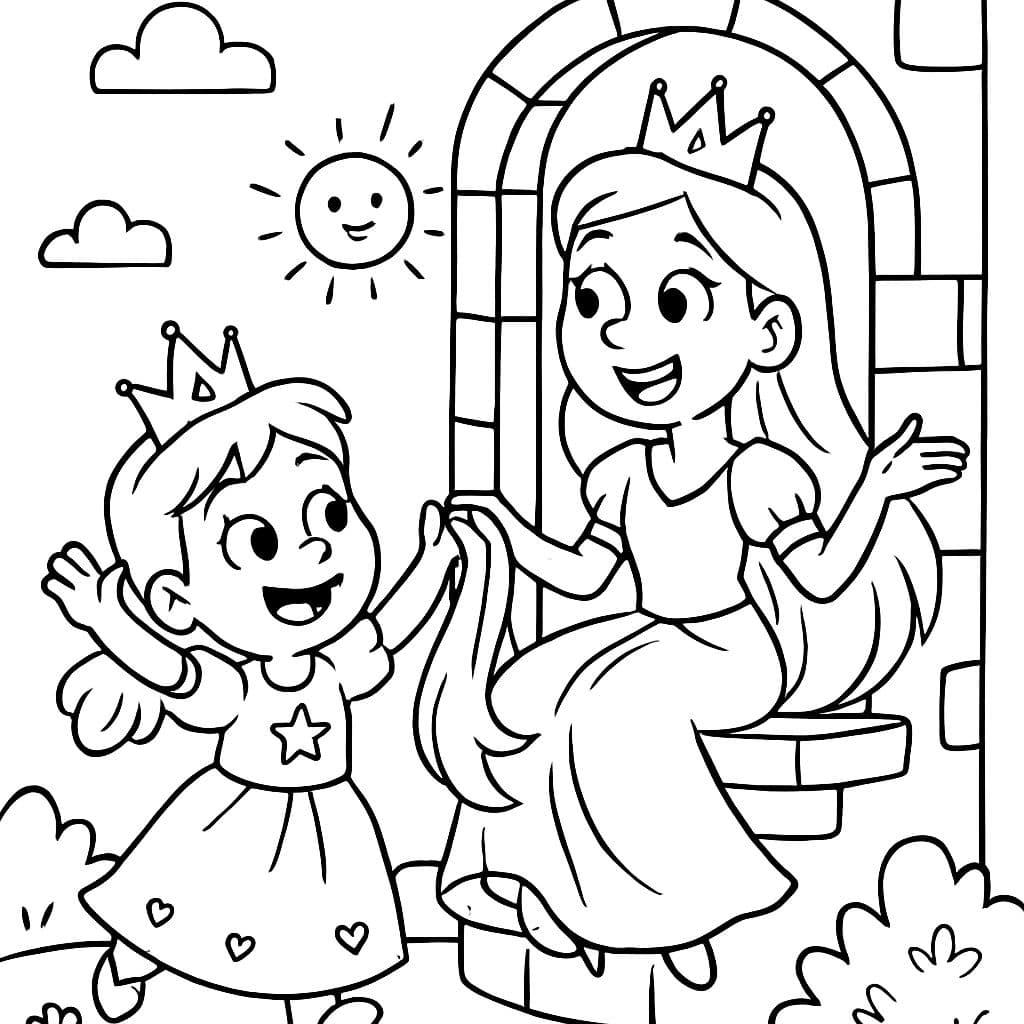 Menina de 5 anos e menina de 13 anos brincando de princesa na torre